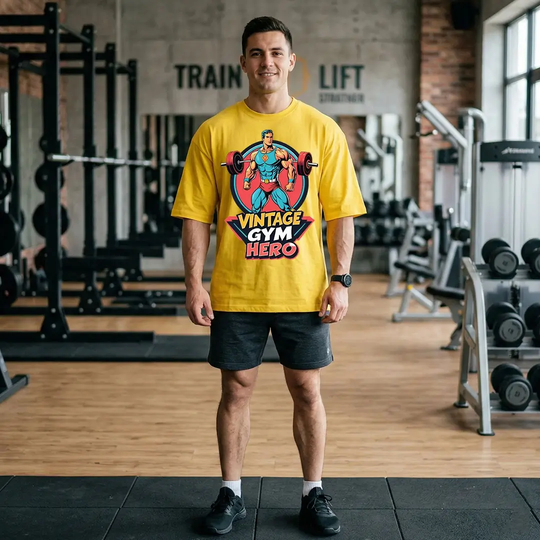 A man stands in a gym, posing confidently in a bold yellow Mefunky t-shirt. The oversized, retro-style graphic features a vintage comic book hero holding a barbell, with the text "VINTAGE GYM HERO" on it. Behind him, rows of power racks, dumbbell stands, and brick walls with large windows complete the gym setting, reflecting the Mefunky style.