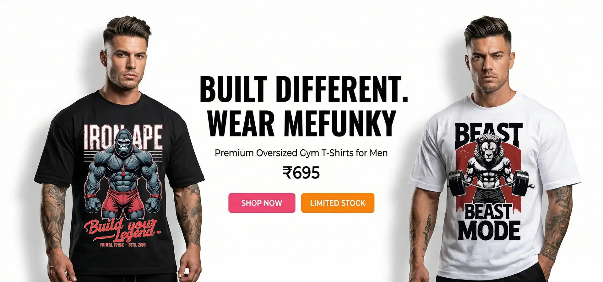 “Mefunky oversized gym T-shirt for men in black and white – premium cotton oversized fit gym wear India ₹695”