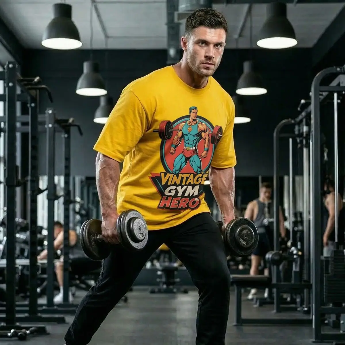 A fit male athlete wearing the sun yellow 'Vintage Gym Hero' oversized t-shirt while performing a dumbbell workout in a modern, well-lit fitness center, showcasing the t-shirt's practical use and golden-era gym aesthetic.