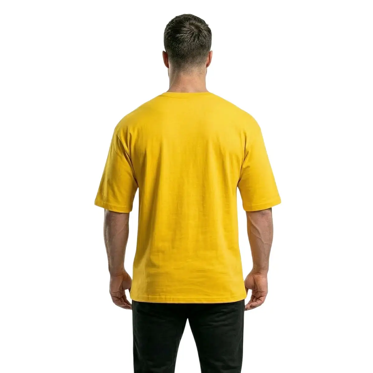 A clean back view of the male model wearing the sun yellow 'Vintage Gym Hero' oversized t-shirt, showing the clean lines, dropped shoulder seam, and full fit of the premium heavyweight cotton fabric, isolated on a white background.