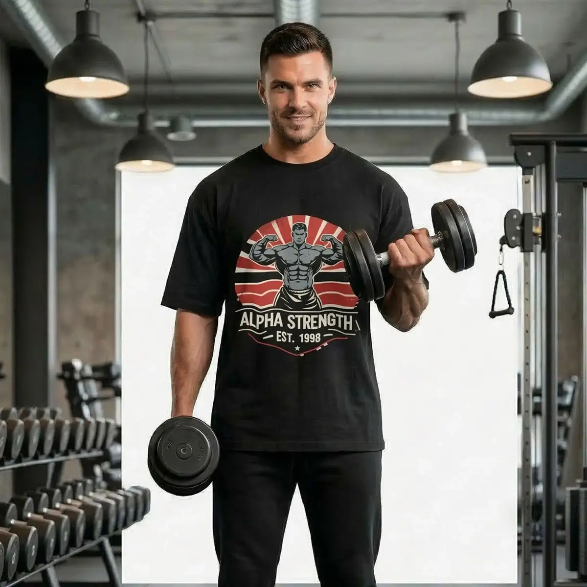 An athlete wearing the black "Alpha Strength" oversized t-shirt performing a dumbbell curl in a professional, well-equipped gym setting, showcasing the shirt's mobility and athletic fit.