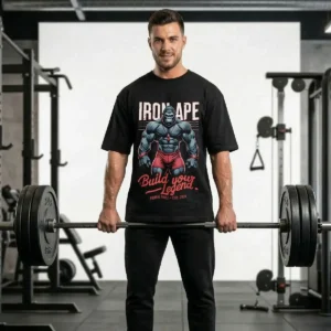 An athlete wearing the black "Iron Ape" oversized t-shirt while standing on a deadlift platform in a professional gym, showcasing the tee's functionality and dominant aesthetic.